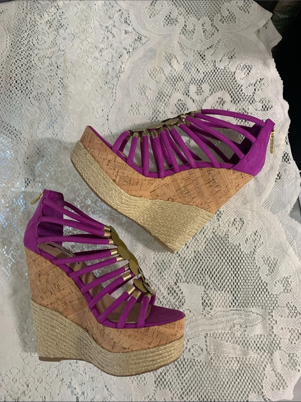 H by Halston Fuchsia Strappy Wedge Sandals with Gold Discs